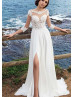 Ivory Lace Chiffon Slit Boho Beach Wedding Dress